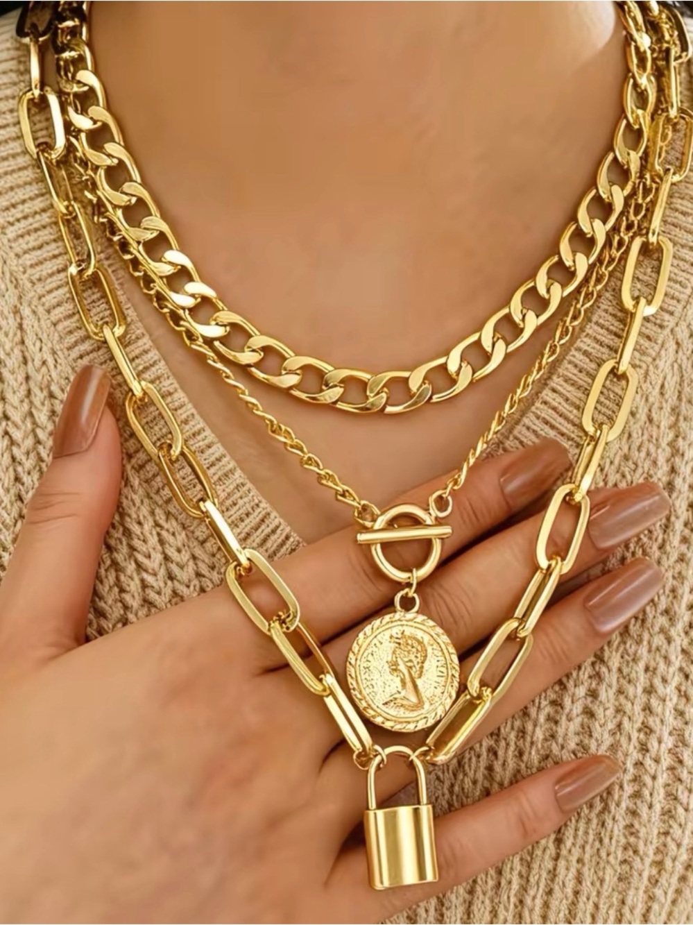 ZaraGold Tone Layered Coin & Padlock Necklace 3 pcs Set Women Jewelry NWOT